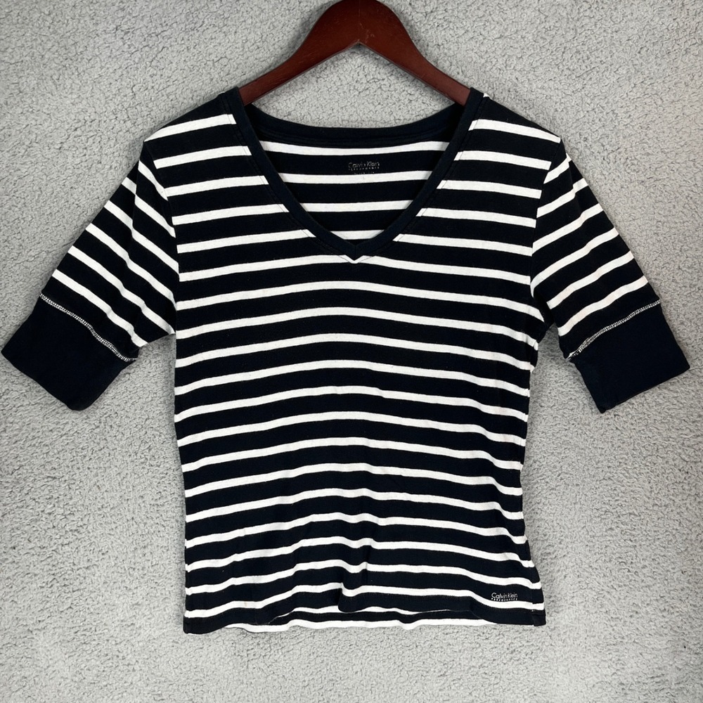 Calvin Klein Performance Womens Black White Striped V-Neck Elbow Sleeve Top L